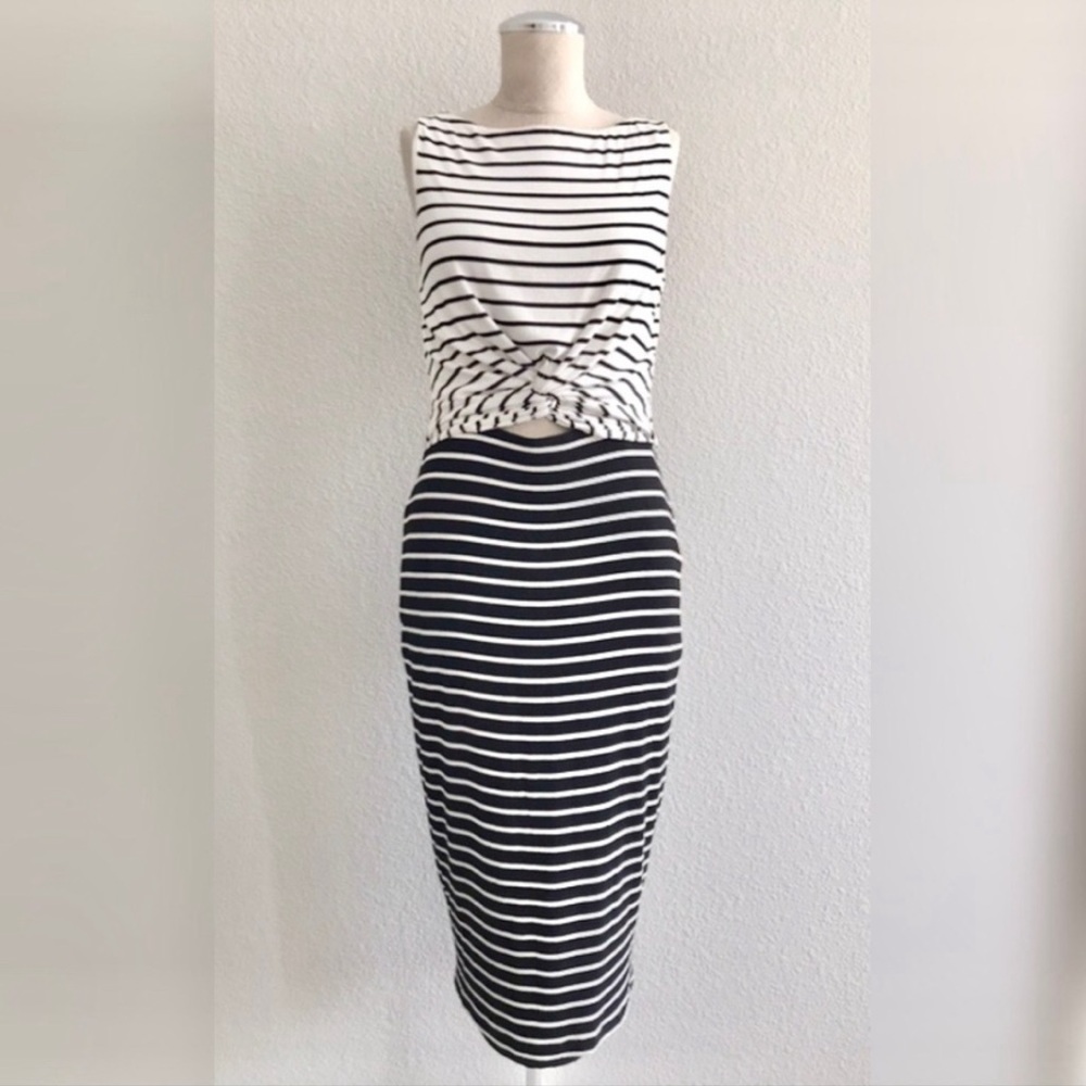 Anthropologie Bailey 44 Striped Midi Dress Size Large Cutout Sleeveless Body Con